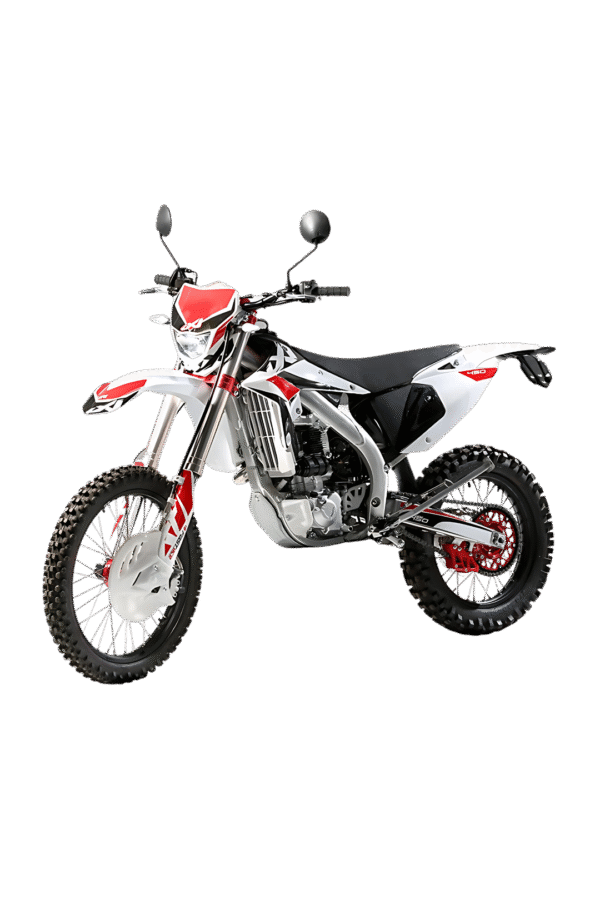 A picture of a HYPE-R MXR450E motorcycle in mineral white with red and black details facing front left diagonally