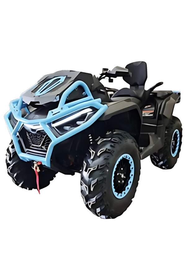 An image of a 1000cc HYPE-R Mud Pro ATV black coloured with sky blue steel bumpers facing front left diagonally