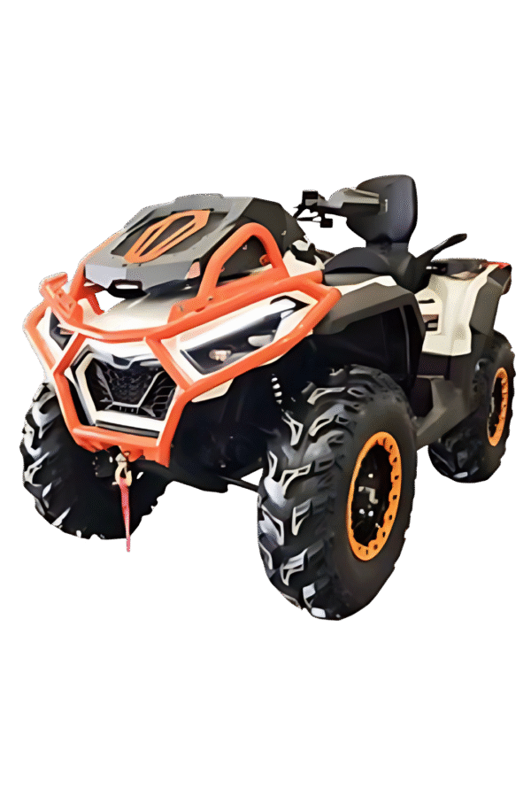 An image of a 1000cc HYPE-R Mud Pro ATV white coloured with orange steel bumpers facing front left diagonally