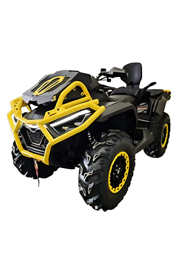 An image of a 1000cc HYPE-R Mud Pro ATV black coloured with yellow steel bumpers facing front left diagonally