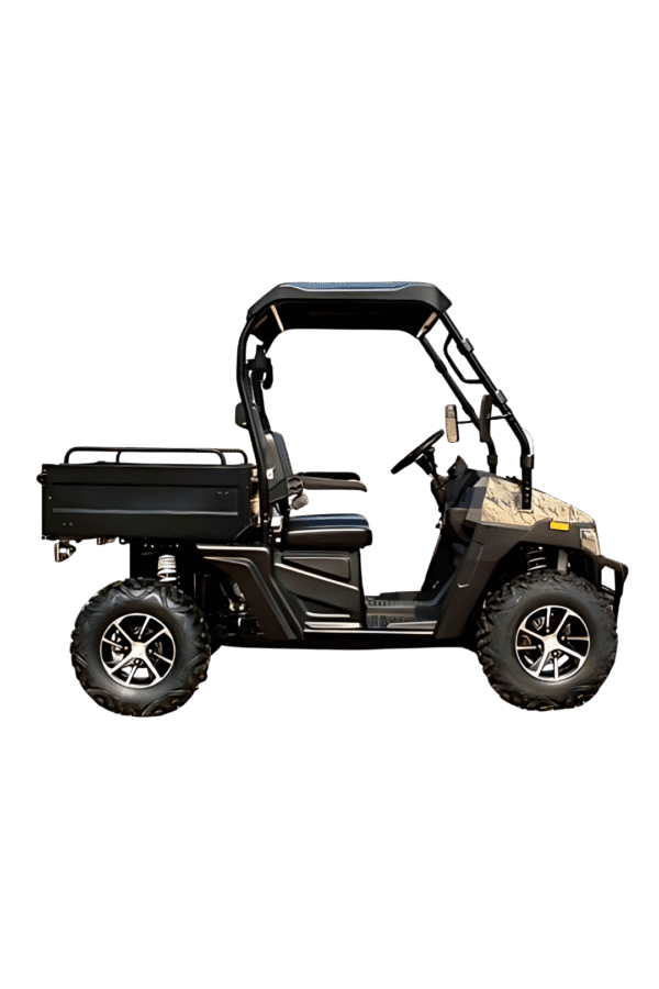 A picture of a camouflage coloured 4x4 UTV450 facing right (profile)