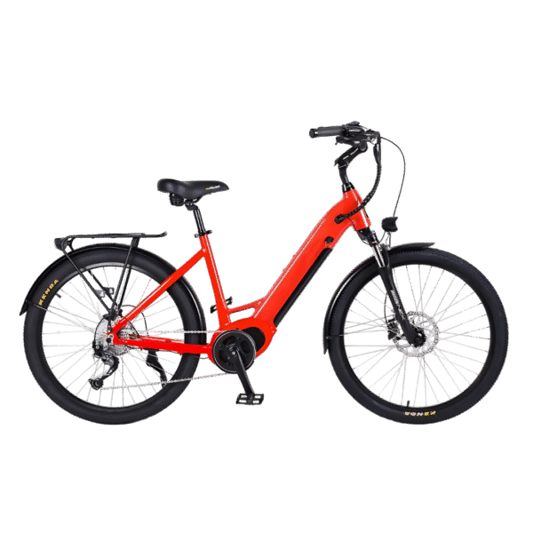 A picture of a red coloured CX3 E-Bike facing front right