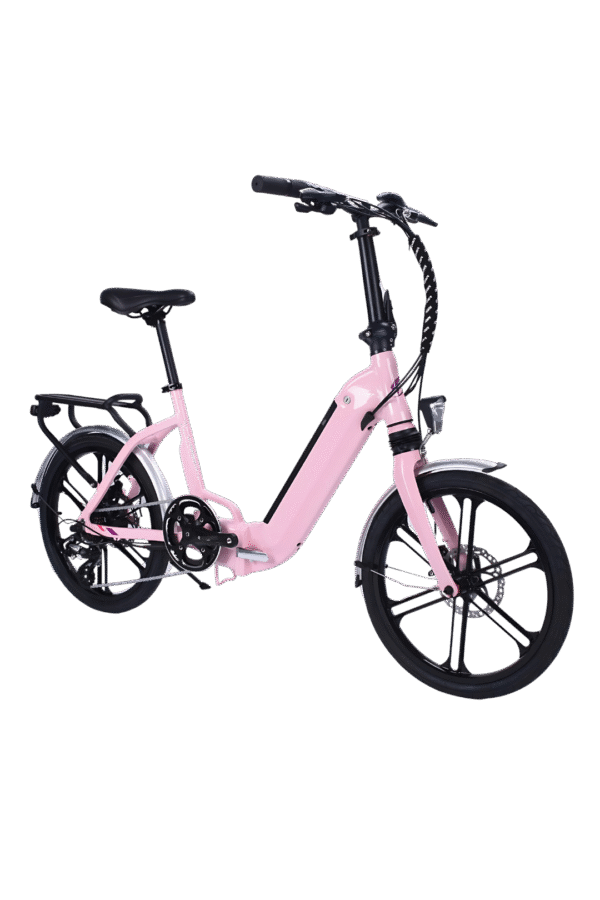 A picture of a pink coloured SIGMA FF2 Foldable E-Bike facing front right diagonally