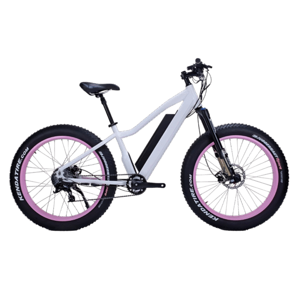 A picture of a white coloured FX2 E-Bike with pink rim outlay facing front right