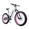 A picture of a white coloured SIGMA FX2 Fat Tire E-Bike with pink rim outlay facing front right