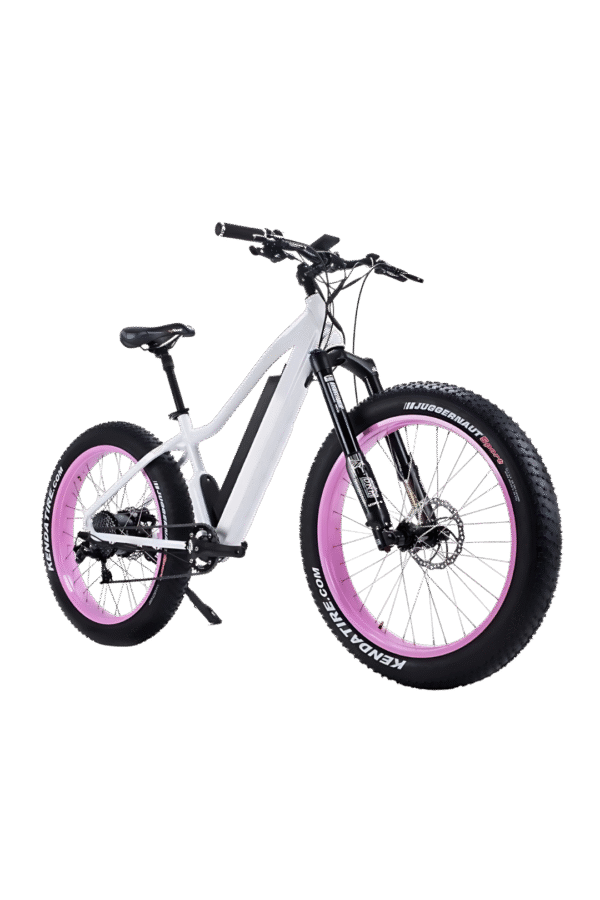 A picture of a white coloured SIGMA FX2 Fat Tire E-Bike with pink rim outlay facing front right