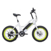 A picture of a white coloured FX3 E-Bike with fluorescent green rim outlay facing front right