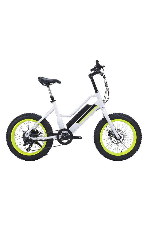 A picture of a white coloured FX3 E-Bike with fluorescent green rim outlay facing front right